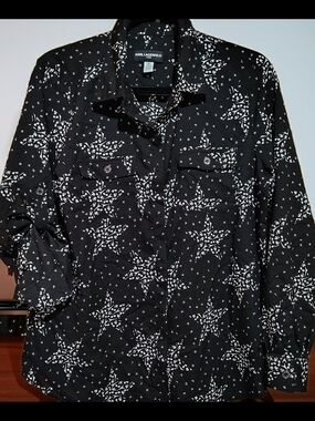 Karl Lagerfeld Paris Black White Logo Print Button Front Blouse Shirt Women's M